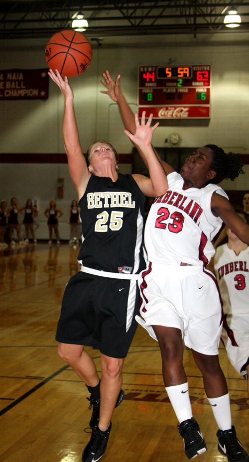 Bethel freshman,Anna Trull drives to the hole against Cumberland University. Trull scored 11 points in the Lady Wildcats win.